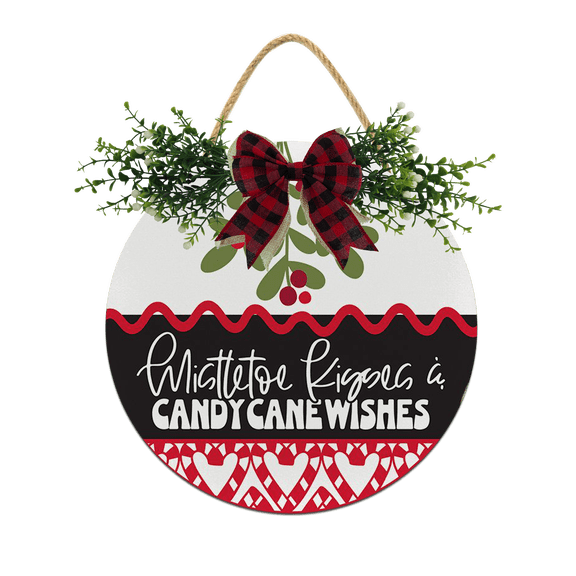 Eveokoki Mistletoe Kisses & Candy Cane Wishes Decorations Wreath, Wooden Hanging Sign Rustic Wooden Holiday Decor for Front Door Porch Window Wall Farmhouse Indoor Outdoor Decorations 11x11Inch