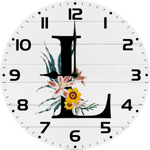 Eveokoki Monogram Letter L Wood Wall Clocks Flower Frameless Battery Operated Silent Quartz 10 Inch Alphabet Letters Shabby Chic Clock for Living Room Office Home Kitchen Bathroom
