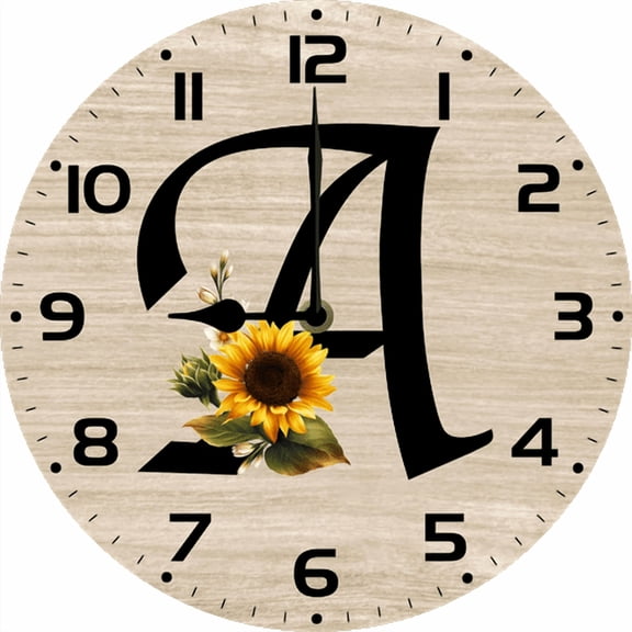 Eveokoki Monogram Letter Round Wood Wall Clocks Sunflower Frameless Battery Operated Silent Quartz 10 Inch Alphabet Letters Shabby Chic Clock for Living Room Office Home Kitchen Bathroom