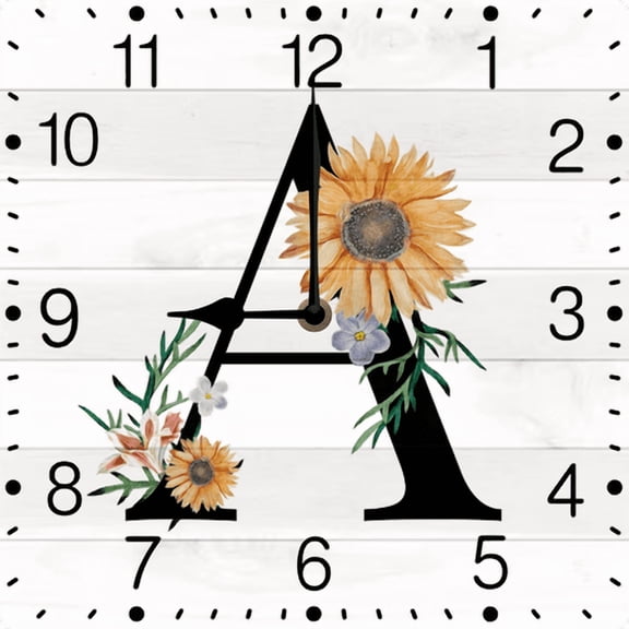 Eveokoki Monogram Letter A Wood Wall Clocks Wildflower Frameless Battery Operated Silent Quartz 10 Inch Alphabet Letters Shabby Chic Square Clock for Living Room Office Home Kitchen Bathroom