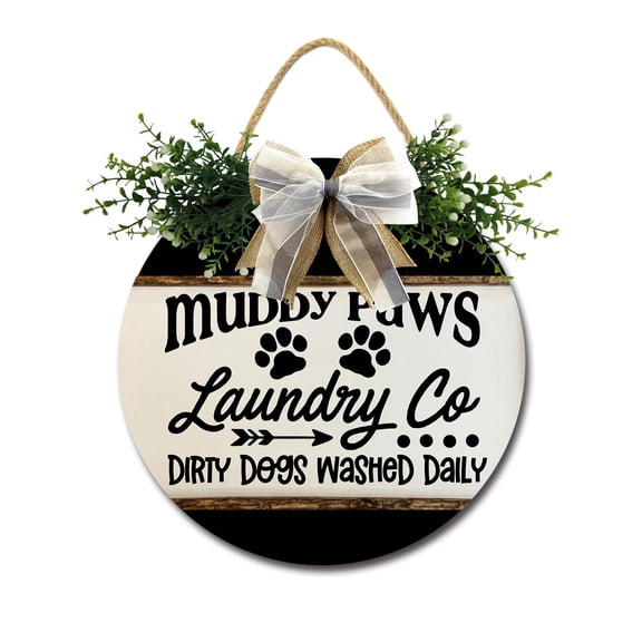 Eveokoki Muddy Paws Laundry Co Front Door Sign Funny Wreaths Hanging Wooden Plaque Decoration Round Rustic Wood Farmhouse Porch Decor for Home Front Door Decor, 11 x 11 Inch