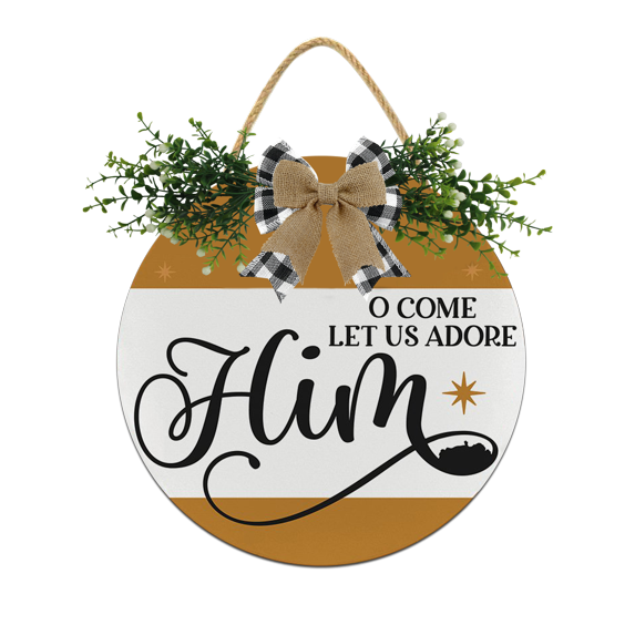 Eveokoki O Come Let Us Adore Him Decorations Wreath, Wooden Hanging Sign Rustic Wooden Holiday Decor for Front Door Porch Window Wall Farmhouse Indoor Outdoor Decorations 11x11Inch