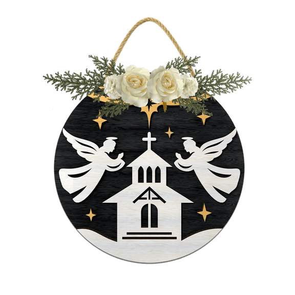 Eveokoki Oh Holy Night Door Hanging Sign 11 inch Wooden Wall Sign, Rustic Holiday Wreath Decor for Front Door Porch Home Window Wall Farmhouse Decorations