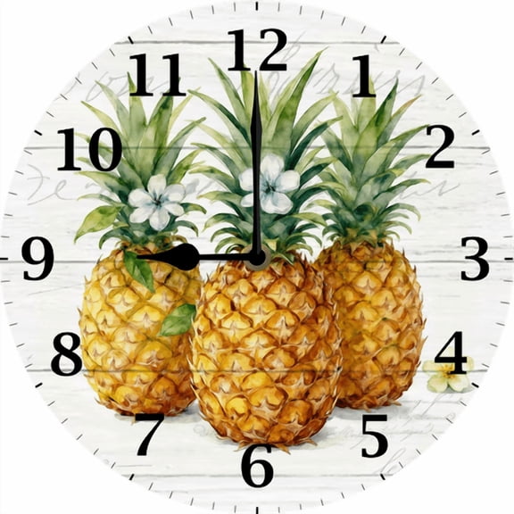 Eveokoki Pineapple Wall Clocks 10 Inch Silent Round Wooden Clock Battery Operated Non Ticking Creative Decorative Clock for Kids Living Room Bedroom Office Kitchen Home Decor
