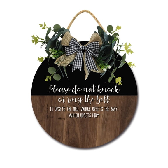 Eveokoki Please Do Not Knock Or Ring The Bell Front Door Sign Funny Wreaths Hanging Wooden Plaque Decoration Round Rustic Wood Farmhouse Porch Decor for Home Front Door Decor, 11 x 11 Inch