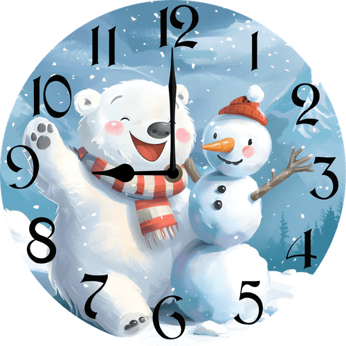 Eveokoki Polar Bear With Snowman Wall Clock Funny Nursery Wood Clock 10inch Silent Non-Ticking Quartz Battery Operated for Living Room Kitchen Bedroom Housewarming