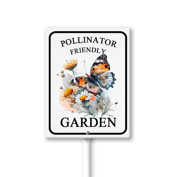 Eveokoki Pollinator Friendly Garden Yard Sign with Metal Stakes, 12in×8in Sturdy Aluminum Lawn Signs, Butterfly Vintage Metal Sign Garden Sign, Funny Garden Aluminum Decor