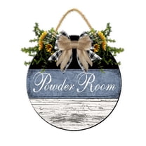 Eveokoki Powder Room Front Door Sign Funny Wreaths Hanging Wooden Plaque Decoration Round Rustic Wood Farmhouse Porch Decor for Home Front Door Decor, 12 x 12 Inch
