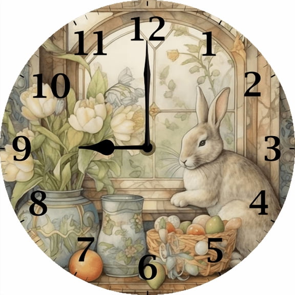 Eveokoki Rabbit Sitting Window Round Wall Clock Decorative, 10 Inch Battery Operated Quartz Analog Quiet Desk Clock for Home,Office,School
