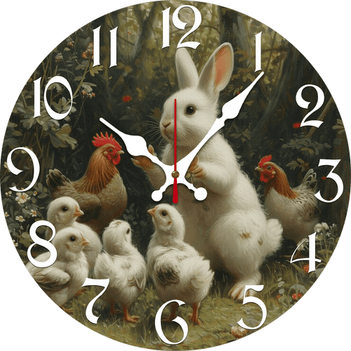 Eveokoki Rabbits Chickens DIY Wall Clock Battery Operated Clock Silent 10 Inch Non Ticking Wall Clocks for Bedroom Living Room Decorative
