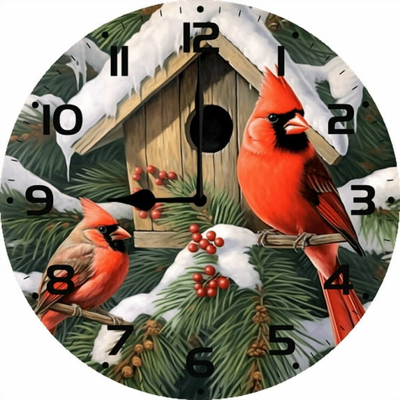 Eveokoki Red Cardinal Near Birdhouse Wall Clocks Battery Operated Non Ticking Silent Quartz Analog Rustic Farmhouse Round Clock Retro Decor for Home Kitchen Living Room Bathroom 10Inch