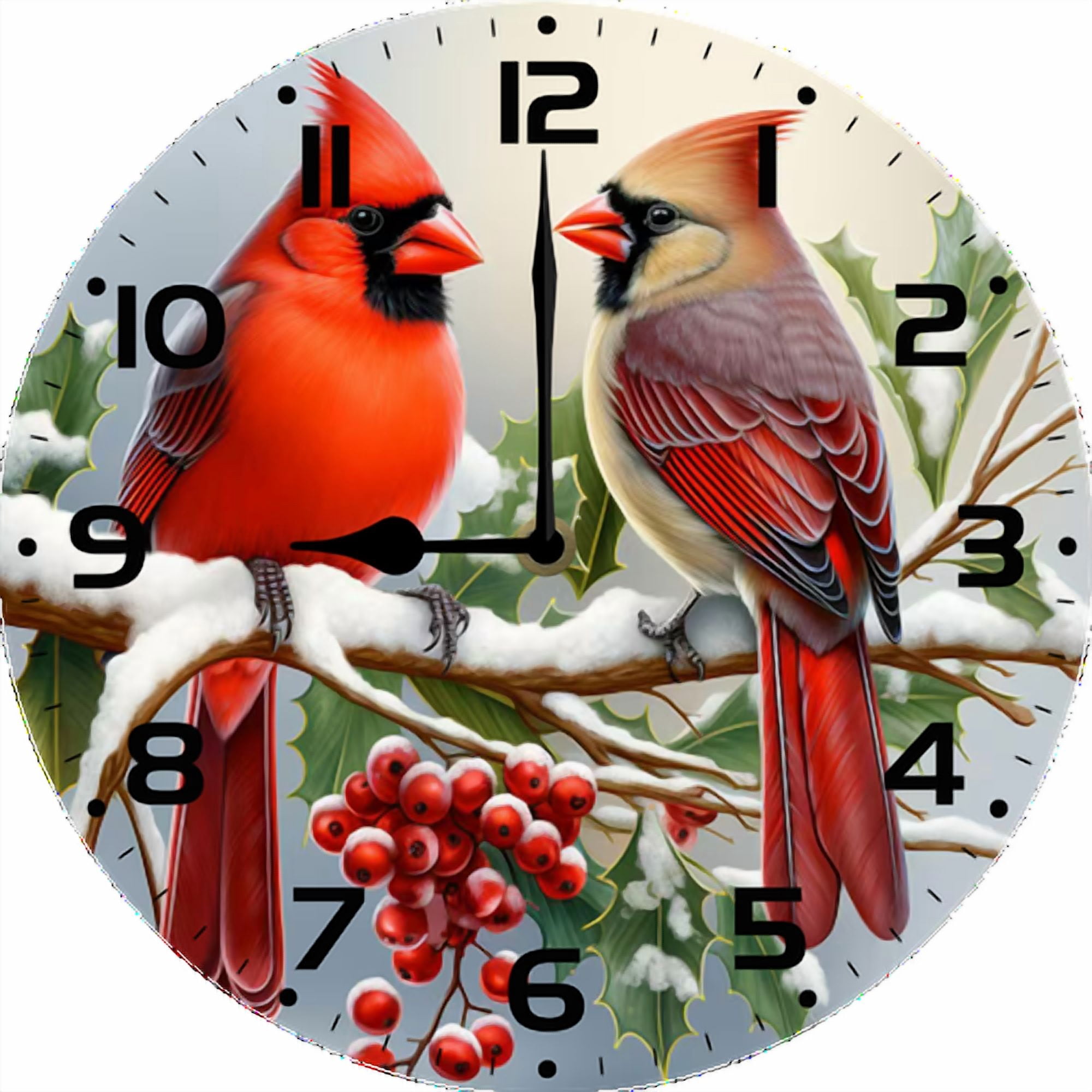 Eveokoki Red Cardinal Sitting Branch Snow Wall Clocks Battery Operated ...