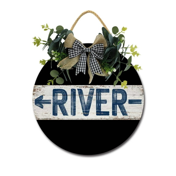 Eveokoki River Front Door Sign Funny Wreaths Hanging Wooden Plaque Decoration Round Rustic Wood Farmhouse Porch Decor for Home Front Door Decor, 11 x 11 Inch