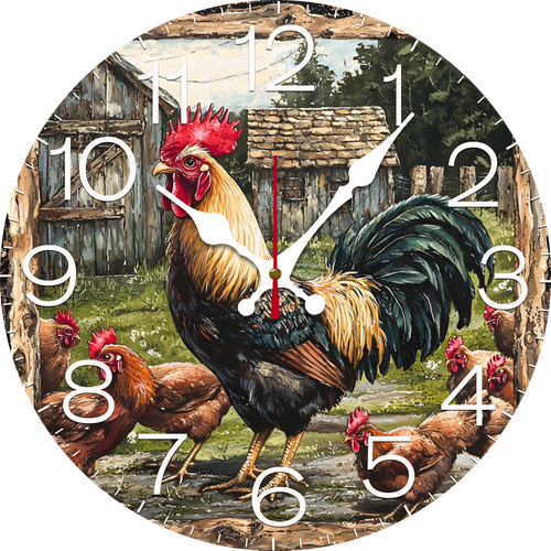 Eveokoki Roosters Hens DIY Wall Clock Battery Operated Clock Silent 12 Inch Non Ticking Wall Clocks for Bedroom Living Room Decorative