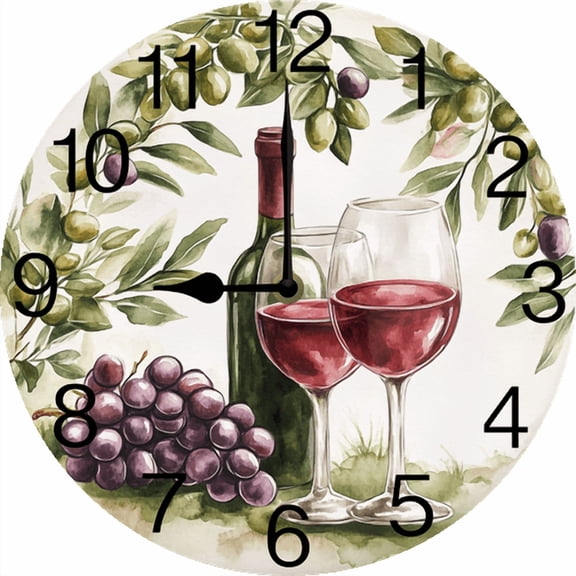 Eveokoki Round Wall Clock Silent Non-Ticking Battery Operated Clock 10 Inch, Red White Wine Grapes Home Decor for Living Room, Kitchen, Bedroom, and Office