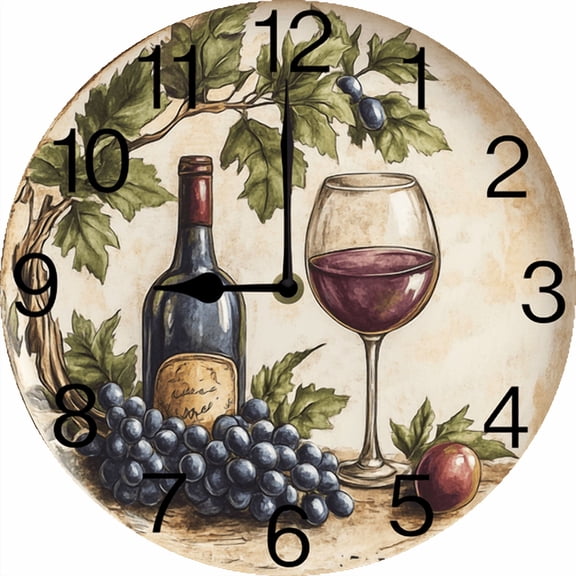 Eveokoki Round Wall Clock Silent Non-Ticking Battery Operated Clock 10 Inch, Red White Wine Grapes Home Decor for Living Room, Kitchen, Bedroom, and Office