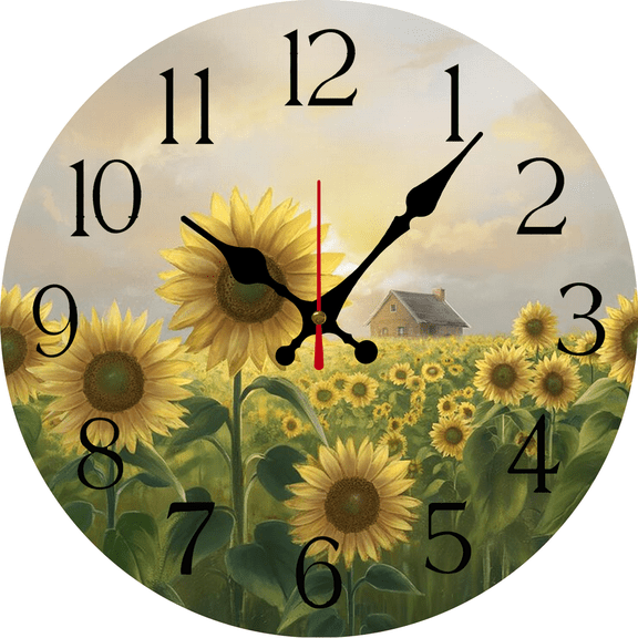 Eveokoki Rustic Field Sunflowers With House Farmhouse Wooden Wall Clock - 10 Inch Silent Non-Ticking Decorative Clock for Kitchen, Living Room, Bedroom, Country Home Decor