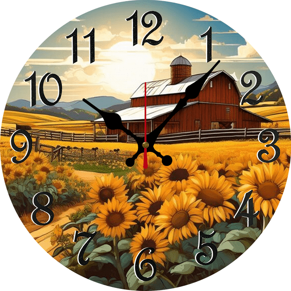 Eveokoki Rustic Sunflower Countryside Farmhouse Wooden Wall Clock - 12 Inch Silent Non-Ticking Decorative Clock for Kitchen, Living Room, Bedroom, Country Home Decor