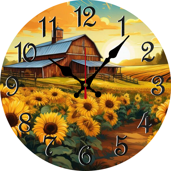 Eveokoki Rustic Sunset Sunflower Farm Farmhouse Wooden Wall Clock - 12 Inch Silent Non-Ticking Decorative Clock for Kitchen, Living Room, Bedroom, Country Home Decor