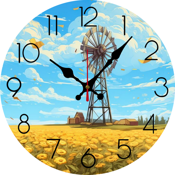 Eveokoki Rustic Whimsical Windmill Field Sunflowers Farmhouse Wooden Wall Clock - 12 Inch Silent Non-Ticking Decorative Clock for Kitchen, Living Room, Bedroom, Country Home Decor