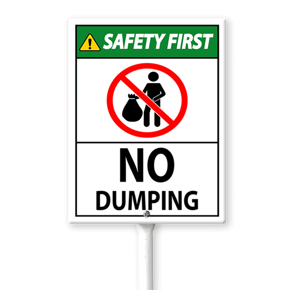 Eveokoki Safety First No Dumping Sign 4.6 x 6 Inch Outdoor Aluminum Yard Signs with Metal Stakes for Private Property Grass Lawn No Trash Dumping