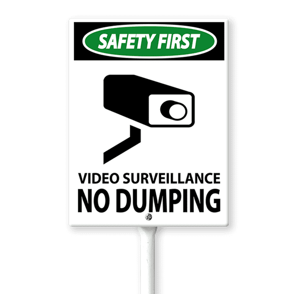 Eveokoki Safety First Video Surveillance No Dumping Sign 4.6 x 6 Inch Outdoor Aluminum Yard Signs with Metal Stakes for Private Property Grass Lawn No Trash Dumping