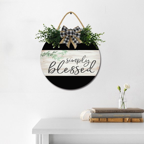 Eveokoki Simply Blessed Wooden Front Door Sign Rustic Round Wreath Wall Hanger Porch Decor Spring and Summer Farmhouse Decoration Housewarming Gift 11 Inches