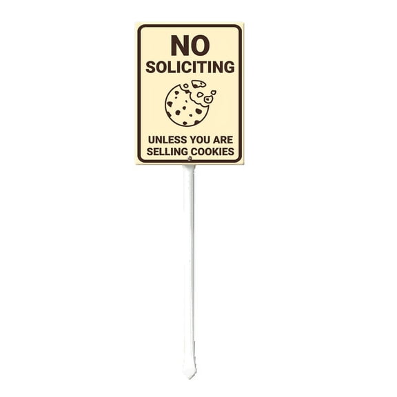Eveokoki No Soliciting Sign for House - Metal No Soliciting Yard Sign - 7" x 8.8" - Aluminum No Soliciting Unless You Are Selling Cookies Signs for Home - with 12.8" Long Stake