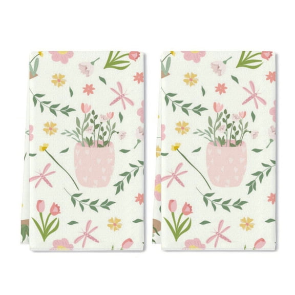 Eveokoki Spring Colored Flowers Kitchen Dish Towel Set of 2, Floral Ultra Absorbent Hand Drying Baking Cooking Cloth, Spring Seasonal Decor Home Decorations 16 x 24 Inch