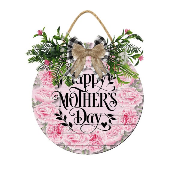 Eveokoki Spring Wreaths Sign for Front Door Farmhouse Spring Door Hanger Decor Rustic Wooden Happy Mother's Day Hanging Door Wall Sign for Spring Seasons Holiday 11In