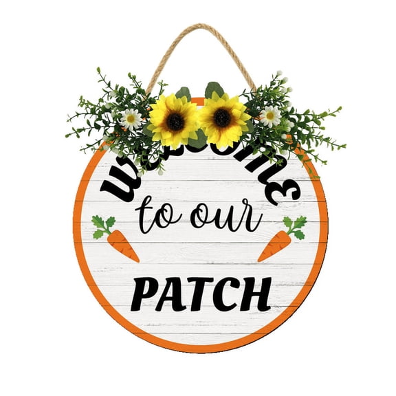Eveokoki Spring Wreaths Sign for Front Door Farmhouse Spring Door Hanger Decor Rustic Wooden Welcome To Our Patch Hanging Door Wall Sign for Spring Seasons Holiday 12In