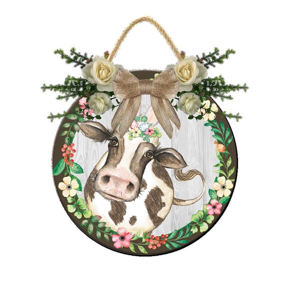 Eveokoki Spring Wreaths Sign for Front Door Farmhouse Spring Door Hanger Decor Rustic Wooden Easter Cow Hanging Door Wall Sign for Spring Seasons Holiday 11In