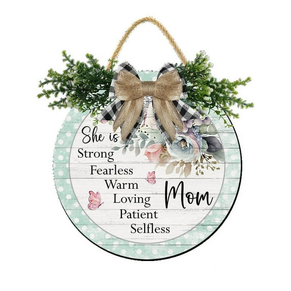 Eveokoki Spring Wreaths Sign for Front Door Farmhouse Spring Door Hanger Decor Rustic Wooden She Is Srtrong Mom Hanging Door Wall Sign for Spring Seasons Holiday 12In
