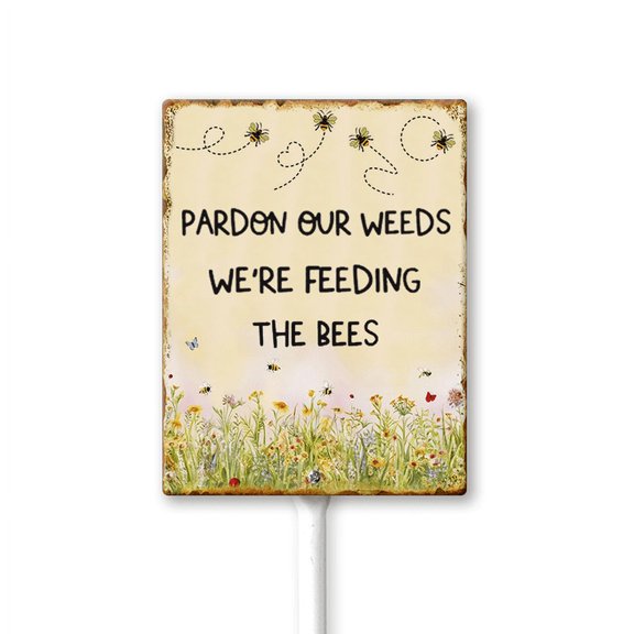 Eveokoki Summer Garden Sign Pardon Our Weeds We're Feeding The Bees Wildflowers Yard Sign with Stakes, Decorative Yard Sign for Outdoor Decoration 4.6 X 6 Inch