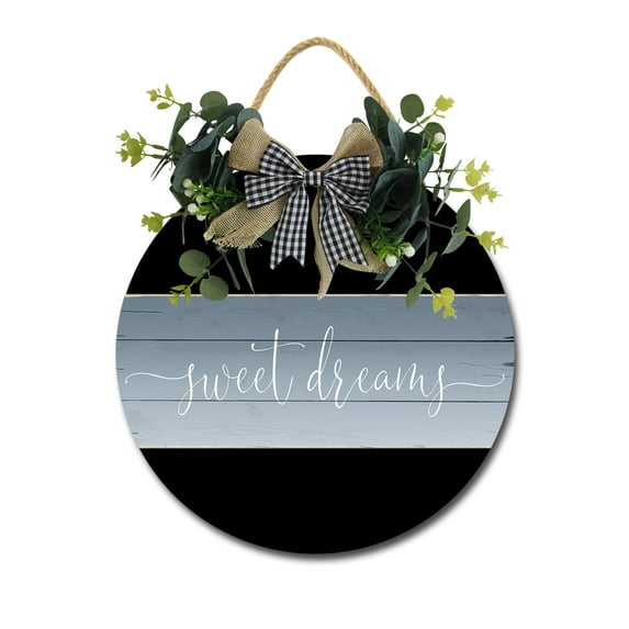 Eveokoki Sweet Dreams Front Door Sign Funny Wreaths Hanging Wooden Plaque Decoration Round Rustic Wood Farmhouse Porch Decor for Home Front Door Decor, 12 x 12 Inch