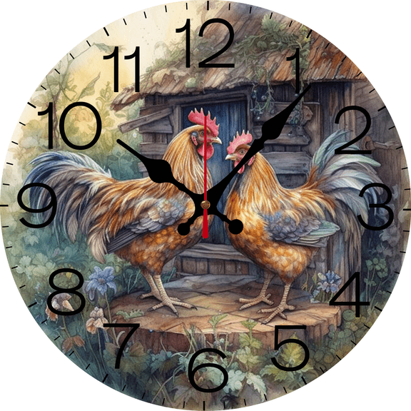 Eveokoki Wall Clock 10 Inch Non-Ticking Clocks Two Roosters Standing Stump Front Barn Round Wall Hanging Clock Battery Operated for Bedroom Living Room Kitchen Office