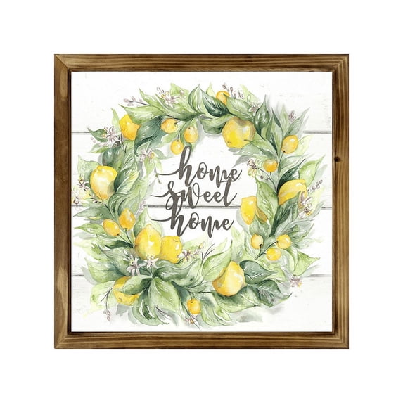 Eveokoki Watercolor Lemon Wreath Home Sweet Home Square Rustic Wood Signs,Vintage Wooden Farmhouse Plaque, Large Wood Framed Wall Hanging Decor 12"