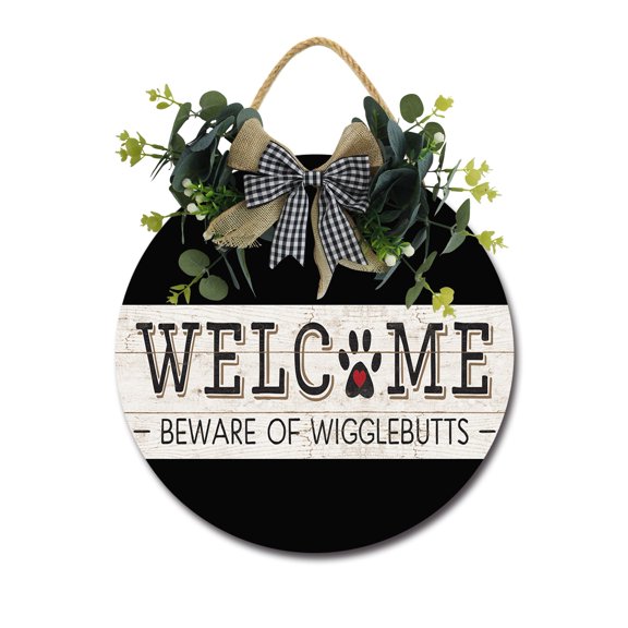 Eveokoki Welcome Beware Of Wigglebutts Front Door Sign Funny Wreaths Hanging Wooden Plaque Decoration Round Rustic Wood Farmhouse Porch Decor for Home Front Door Decor, 12 x 12 Inch