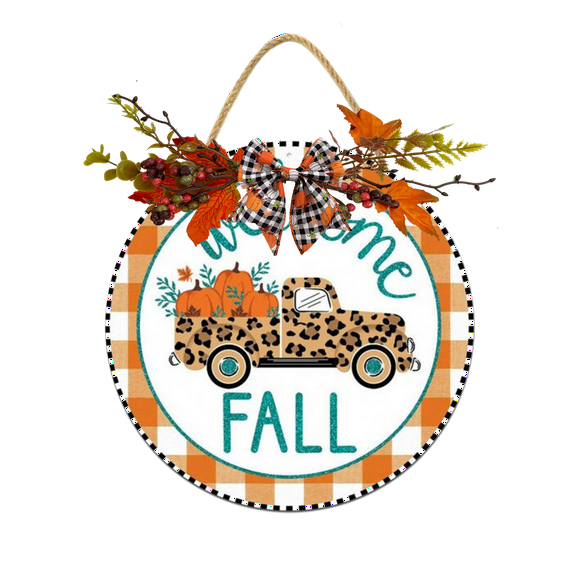 Eveokoki Welcome Fall Leopard Truck Hanging Sign Front Door Decor Fall Decorative Wooden Sign Rustic Porch Decoration for Home Office Garden Farmhouse 11 Inch