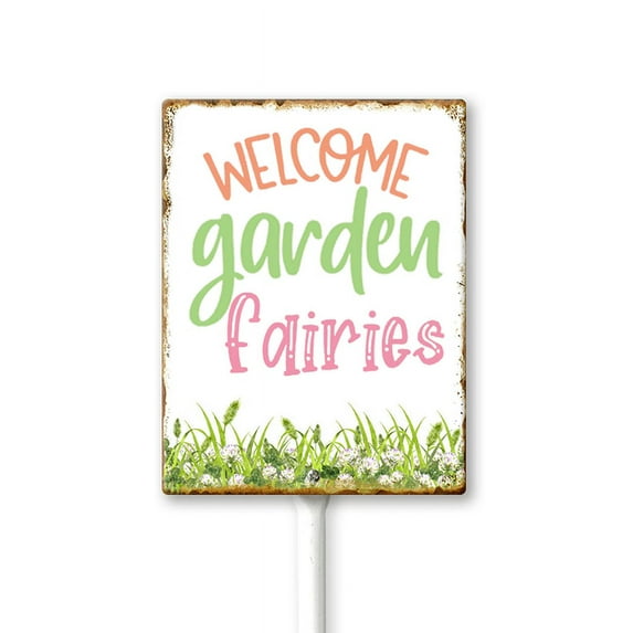 Eveokoki Welcome Garden Fairies Sign for Yard with Stake 8x12Inch Yard Decoration Rustproof Outdoor Aluminum Sign for Yard Garden Lawn Street Outdoor