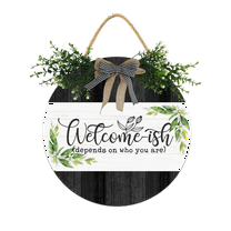 Eveokoki Welcome-Ish Front Door Sign Funny Wreaths Hanging Wooden Plaque Decoration Round Rustic Wood Farmhouse Porch Decor for Home Front Door Decor, 12 x 12 Inch