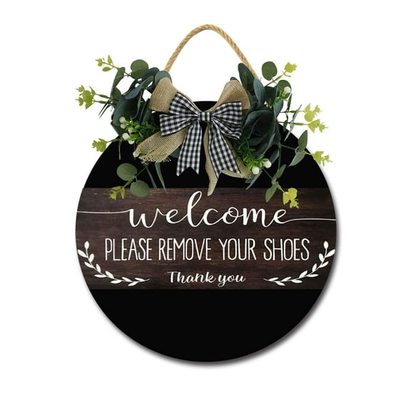 Eveokoki Welcome Please Remove Your Shoes Front Door Sign Funny Wreaths Hanging Wooden Plaque Decoration Round Rustic Wood Farmhouse Porch Decor for Home Front Door Decor, 11 x 11 Inch
