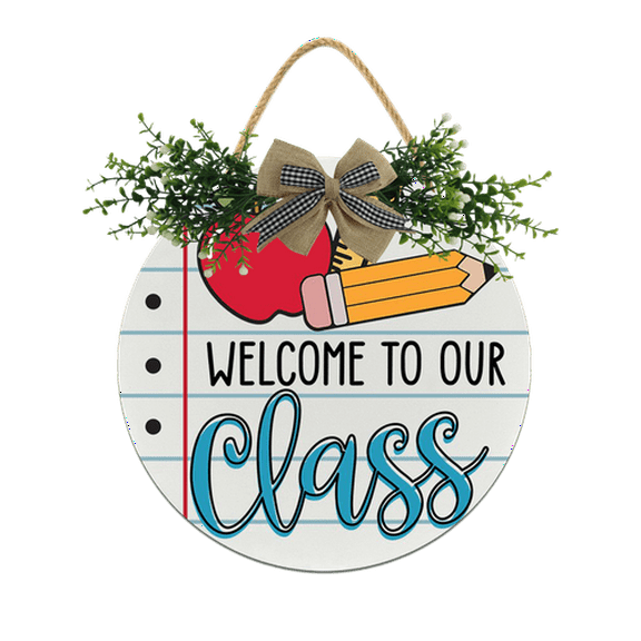 Eveokoki Welcome Sign for Classroom Door Welcome To Our Class Front Door Sign with Wreath Teacher Round Hanging Wooden Plaque with Bow Decoration Back to School Wall Signs Porch 11×11 Inch