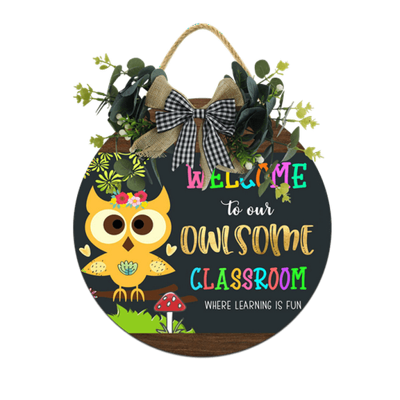 Eveokoki Welcome Sign for Classroom Door Welcome To Our Owlsome Class Front Door Sign with Wreath Teacher Round Hanging Wooden Plaque with Bow Decoration Back to School Wall Signs Porch 11×11 Inch