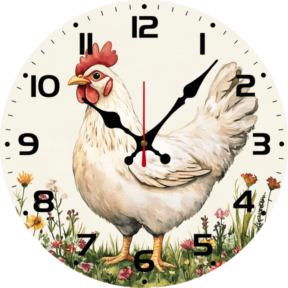 Eveokoki White Chicken Round DIY Wall Clock Silent Non Ticking Bathroom Clocks 10 Inch Battery Operated Clock for Kitchen Living Room Bedroom Home Decor