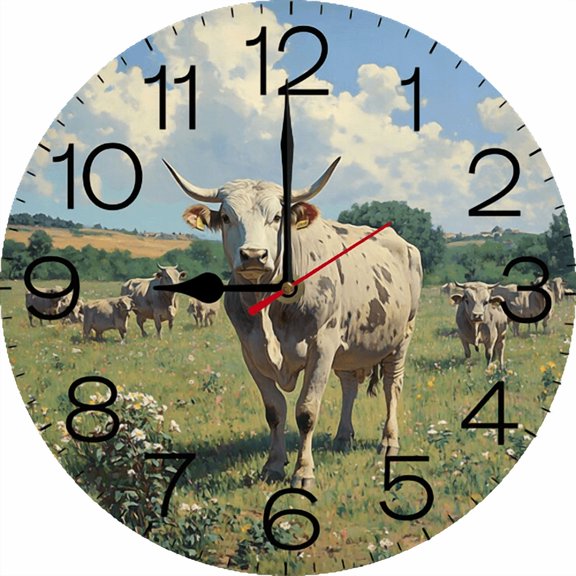 Eveokoki White Cow Standing Field Flowers Wall Clock 10 Inch Battery Operated Silent Non Ticking Rustic Wooden Clocks Home Decor for Kitchen, Living Room, Bedroom, Office