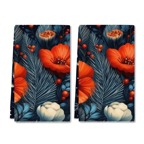 Eveokoki Winter Botanicals Kitchen Towels, Floral Botanical Winter Farmhouse Gifts Hand Towels for Women Holiday, Home Decorative Hand Dishcloths for Bathroom Decor 16x24 Inch