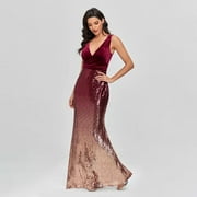 Ever-Pretty Women Elegant Sequin V-Neck Velvet Dress| Burgundy and Gold Dress| V-Neck Sleeveless Dress