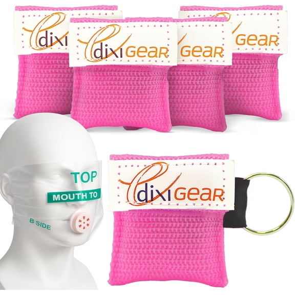 Ever Ready First Aid CPR Mask for Pocket or Key Chain, CPR Emergency Face Shield with One-Way Valve Breathing Barrier for First Aid or AED Training, 5 Count - Pink