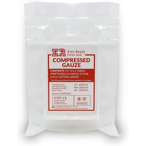 Ever Ready First Aid Compressed Sterile Gauze, 6-Ply Emergency Medical Dressing for First Aid Kits 4.5 x 4.1 Yards - 1 Pack